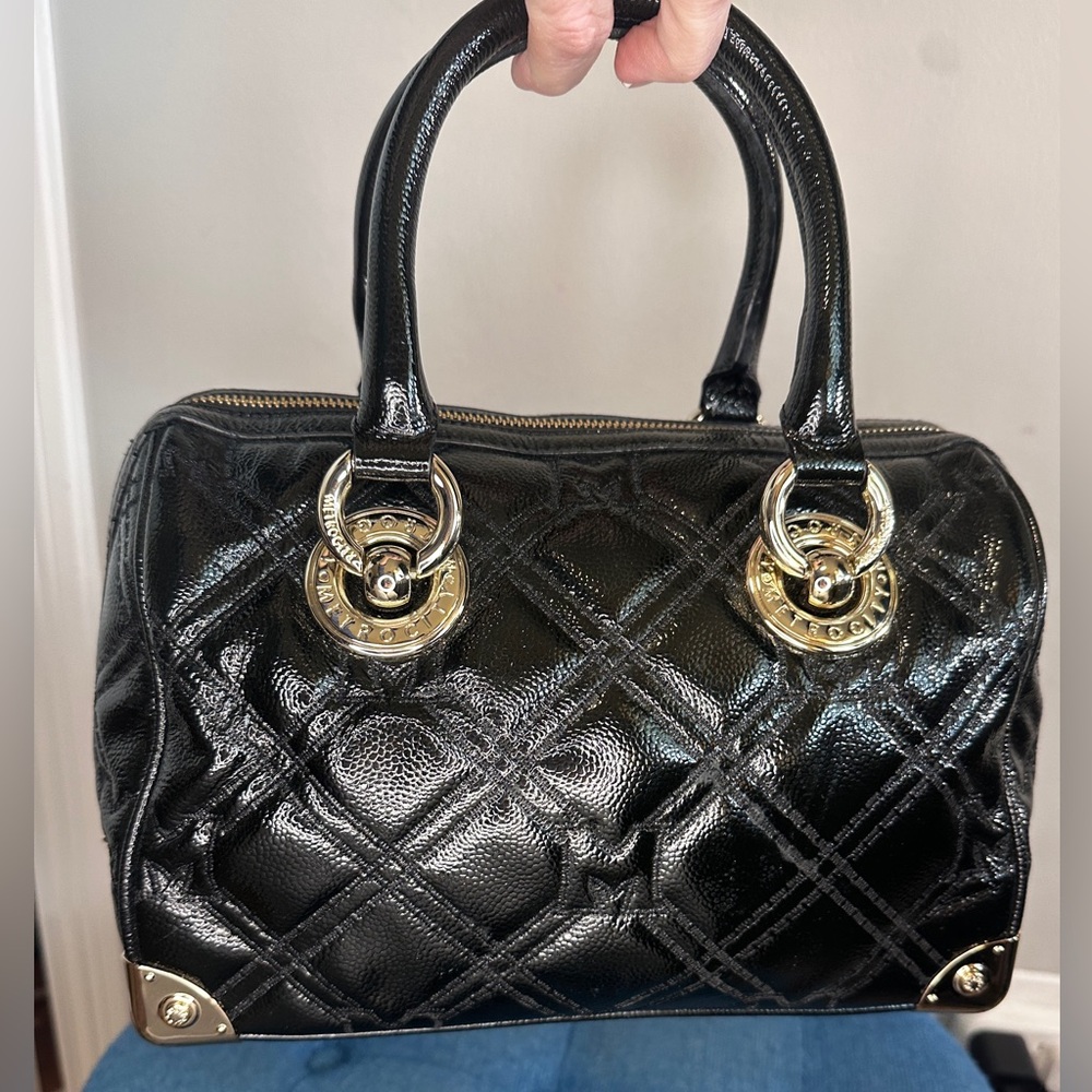 MetroCity Patent Black Quilted Gold Studded Boston Bag with Charm